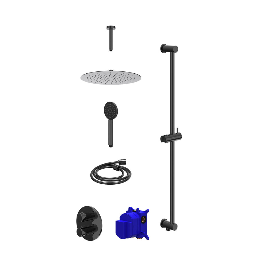 IVY Regendoucheset inbouwthermostaatkraan met 2-weg stop-omstel, plafondbuis 15cm, R30cmSL, glijstang met uitlaat, doucheslang 150cm en satin spray handdouche – Zwart chroom PVD