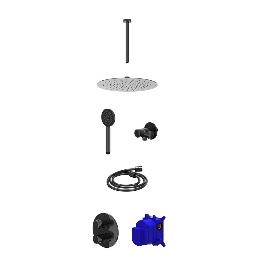 IVY Regendoucheset inbouwthermostaatkraan met 2-weg stop-omstel, plafondbuis 30cm, R30cmSL, verstelbare steun met geïnt. uitlaat, doucheslang 150cm en satin spray handdouche – Zwar
