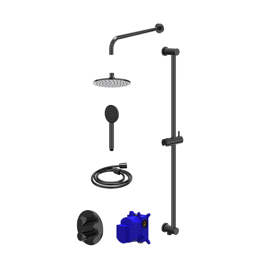 IVY Regendoucheset inbouwthermostaatkraan met 2-weg stop-omstel, wandarm, R20cmME, glijstang met uitlaat, doucheslang 150cm en satin spray handdouche – Zwart chroom PVD