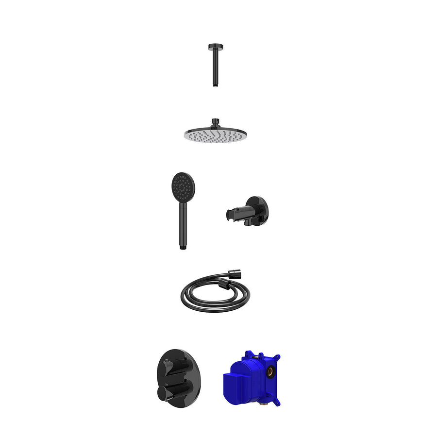 IVY Regendoucheset inbouwthermostaatkraan met 2-weg stop-omstel, plafondbuis 15cm, R20cmME, houder met uitlaat, doucheslang 150cm en satin spray handdouche – Zwart chroom PVD