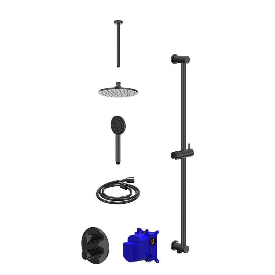 IVY Regendoucheset inbouwthermostaatkraan met 2-weg stop-omstel, plafondbuis 30cm, R20cmME, glijstang met uitlaat, doucheslang 150cm en satin spray handdouche – Zwart chroom PVD