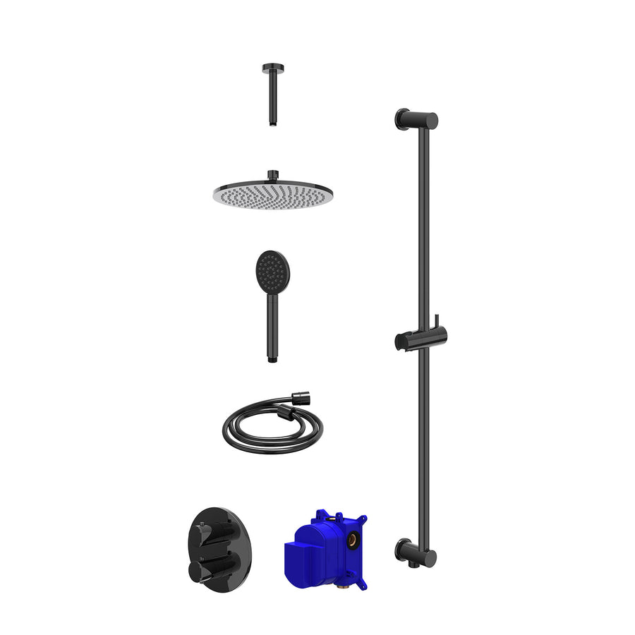 IVY Regendoucheset inbouwthermostaatkraan met 2-weg stop-omstel, plafondbuis 15cm, R25cmME, glijstang met uitlaat, doucheslang 150cm en satin spray handdouche – Zwart chroom PVD