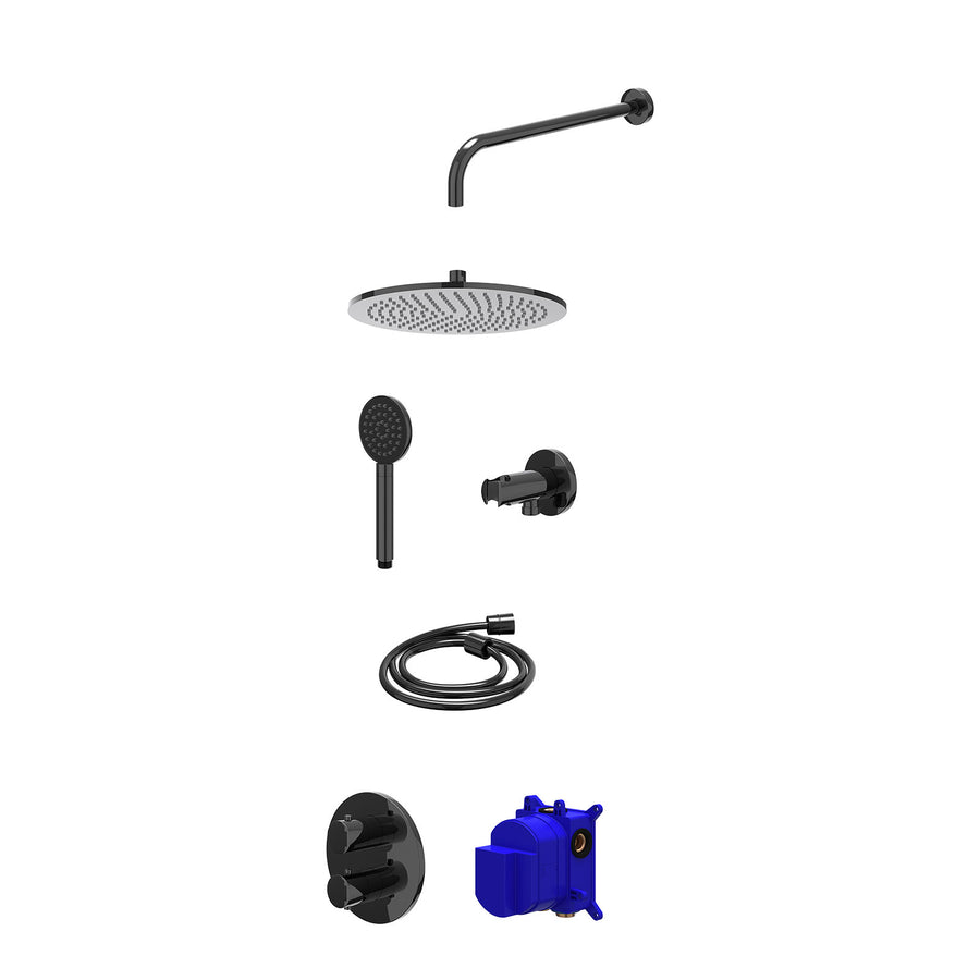 IVY Regendoucheset inbouwthermostaatkraan met 2-weg stop-omstel, wandarm, R30cmME, houder met uitlaat, doucheslang 150cm en satin spray handdouche – Zwart chroom PVD