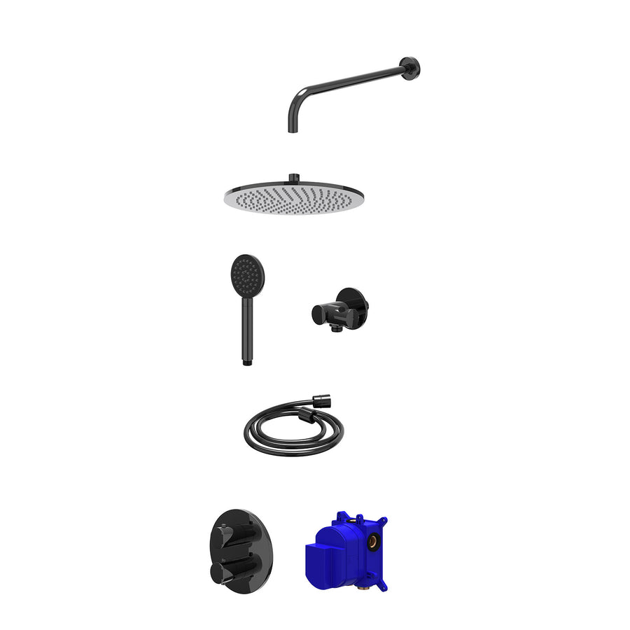 IVY Regendoucheset inbouwthermostaatkraan met 2-weg stop-omstel, wandarm, R30cmME, verstelbare steun met geïnt. uitlaat, doucheslang 150cm en satin spray handdouche – Zwart chroom 