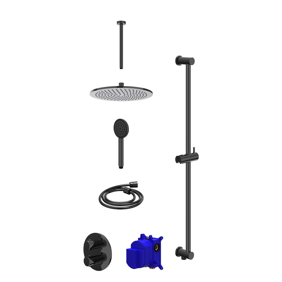 IVY Regendoucheset inbouwthermostaatkraan met 2-weg stop-omstel, plafondbuis 30cm, R30cmME, glijstang met uitlaat, doucheslang 150cm en satin spray handdouche – Zwart chroom PVD