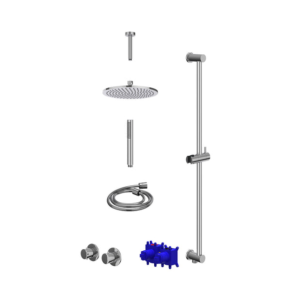 Regendoucheset inbouwthermostaatkraan met 2-weg stop-omstel symmetry, 15cm plafondbuis, R25cmME, glijstang met uitlaat, doucheslang 150cm en staafmodel