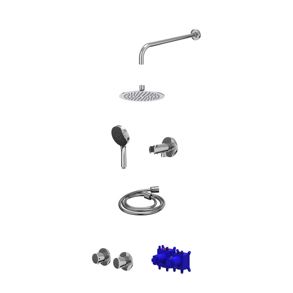 Regendoucheset inbouwthermostaatkraan met 2-weg stop-omstel symmetry, 40cm wandarm, R20cmSL, houder met uitlaat, doucheslang 150cm en 3-standen handdouche