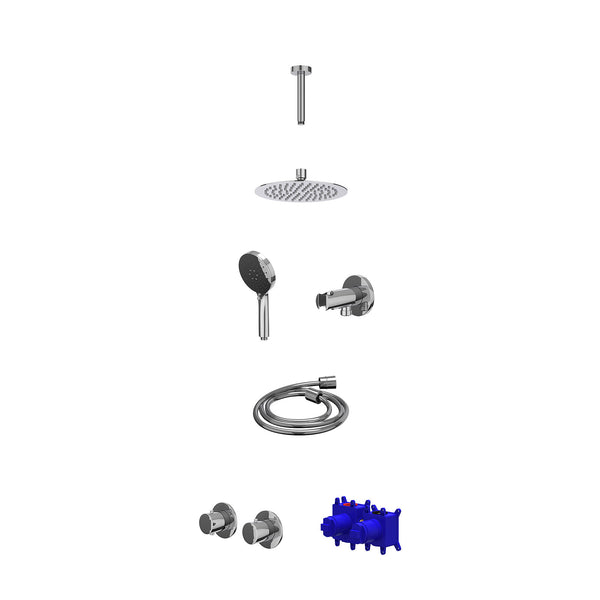 Regendoucheset inbouwthermostaatkraan met 2-weg stop-omstel symmetry, 15cm plafondbuis, R20cmSL, houder met uitlaat, doucheslang 150cm en 3-standen handdouche