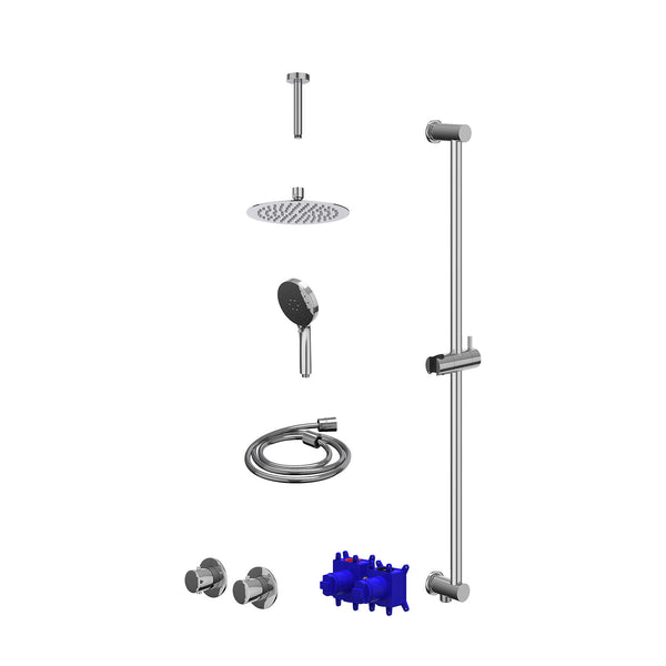 Regendoucheset inbouwthermostaatkraan met 2-weg stop-omstel symmetry, 15cm plafondbuis, R20cmSL, glijstang met uitlaat, doucheslang 150cm en 3-standen handdouche