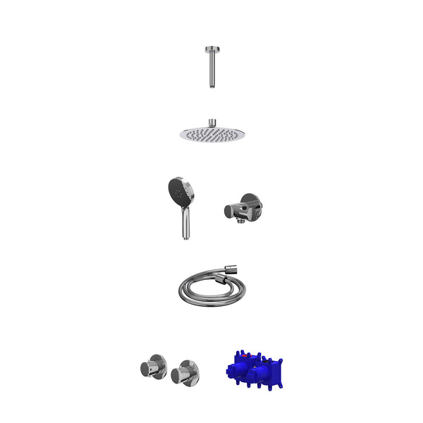 Regendoucheset inbouwthermostaatkraan met 2-weg stop-omstel symmetry, 15cm plafondbuis, R20cmSL, verstelbare steun met geïnt. uitlaat, doucheslang 150cm en 3-standen handdouche