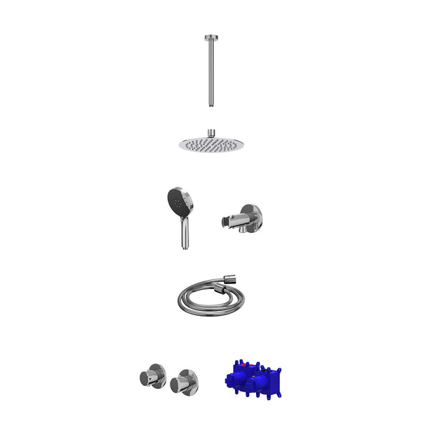 Regendoucheset inbouwthermostaatkraan met 2-weg stop-omstel symmetry, 30cm plafondbuis, R20cmSL, houder met uitlaat, doucheslang 150cm en 3-standen handdouche