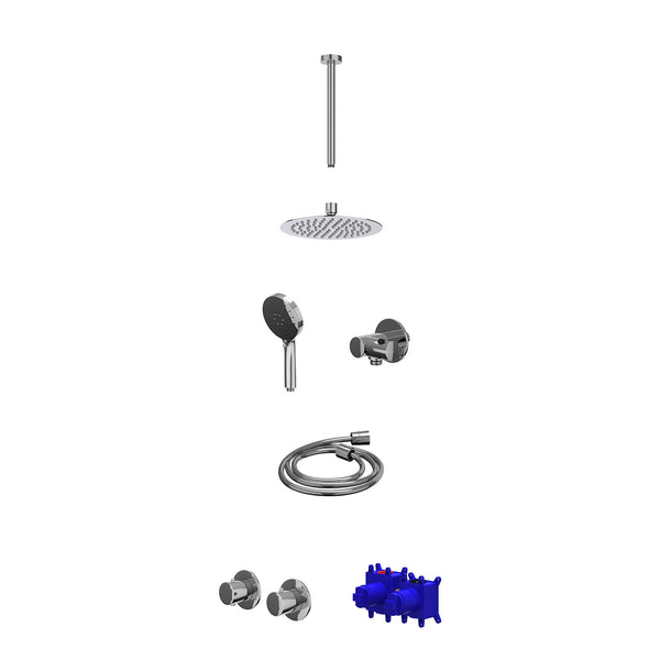 Regendoucheset inbouwthermostaatkraan met 2-weg stop-omstel symmetry, 30cm plafondbuis, R20cmSL, verstelbare steun met geïnt. uitlaat, doucheslang 150cm en 3-standen handdouche