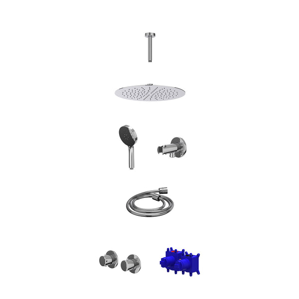 Regendoucheset inbouwthermostaatkraan met 2-weg stop-omstel symmetry, 15cm plafondbuis, R30cmSL, houder met uitlaat, doucheslang 150cm en 3-standen handdouche
