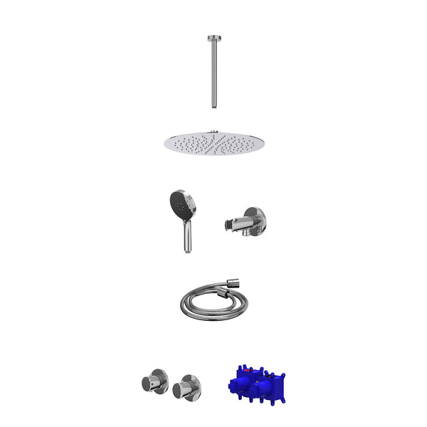 Regendoucheset inbouwthermostaatkraan met 2-weg stop-omstel symmetry, 30cm plafondbuis, R30cmSL, houder met uitlaat, doucheslang 150cm en 3-standen handdouche