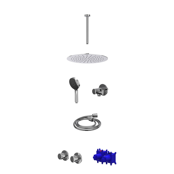 Regendoucheset inbouwthermostaatkraan met 2-weg stop-omstel symmetry, 30cm plafondbuis, R30cmSL, verstelbare steun met geïnt. uitlaat, doucheslang 150cm en 3-standen handdouche