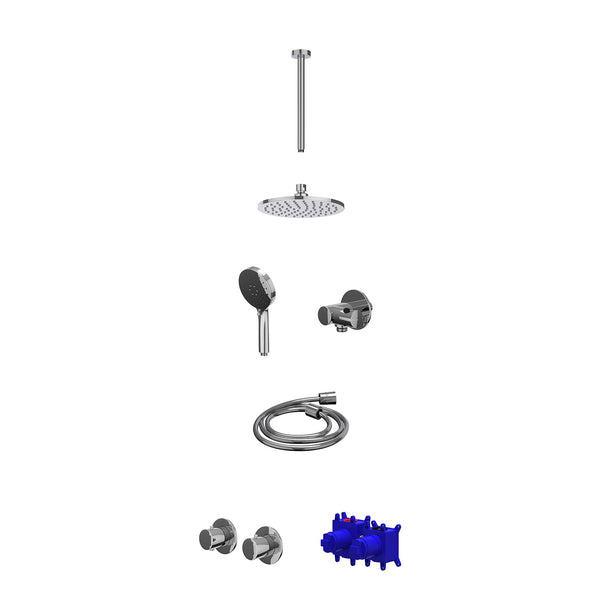 Regendoucheset inbouwthermostaatkraan met 2-weg stop-omstel symmetry, 30cm plafondbuis, R20cmME, verstelbare steun met geïnt. uitlaat, doucheslang 150cm en 3-standen handdouche