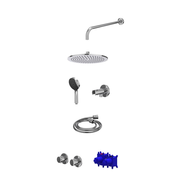 Regendoucheset inbouwthermostaatkraan met 2-weg stop-omstel symmetry, 40cm wandarm, R30cmME, houder met uitlaat, doucheslang 150cm en 3-standen handdouche