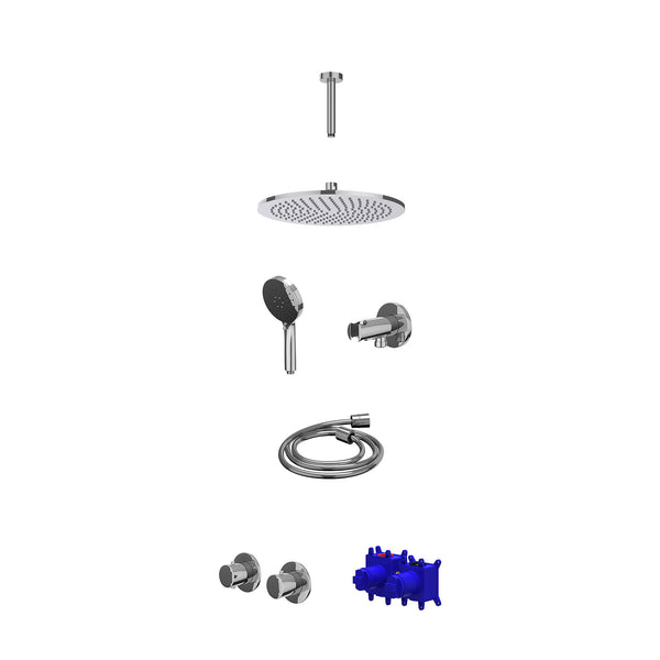 Regendoucheset inbouwthermostaatkraan met 2-weg stop-omstel symmetry, 15cm plafondbuis, R30cmME, houder met uitlaat, doucheslang 150cm en 3-standen handdouche