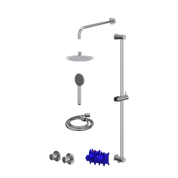 Regendoucheset inbouwthermostaatkraan met 2-weg stop-omstel symmetry, 40cm wandarm, R20cmSL, glijstang met uitlaat, doucheslang 150cm en satin spray handdouche