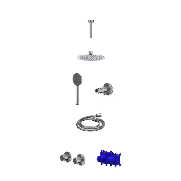 Regendoucheset inbouwthermostaatkraan met 2-weg stop-omstel symmetry, 15cm plafondbuis, R20cmSL, houder met uitlaat, doucheslang 150cm en satin spray handdouche