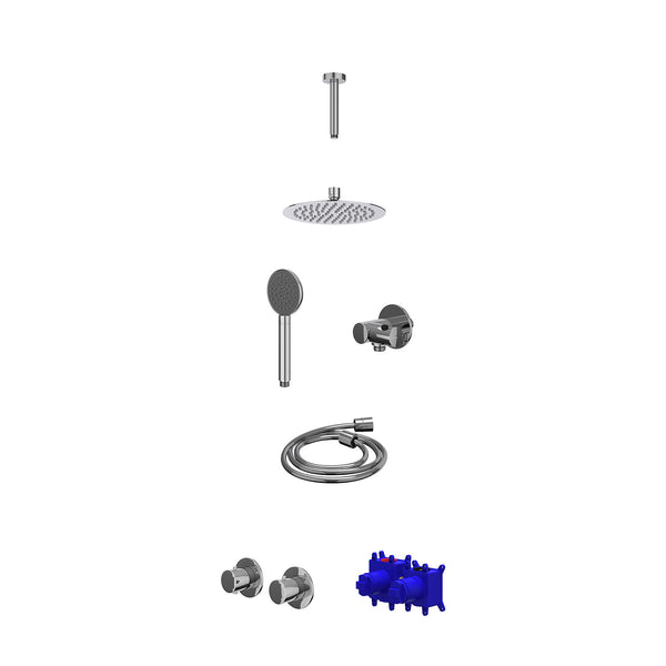 Regendoucheset inbouwthermostaatkraan met 2-weg stop-omstel symmetry, 15cm plafondbuis, R20cmSL, verstelbare steun met geïnt. uitlaat, doucheslang 150cm en satin spray handdouche