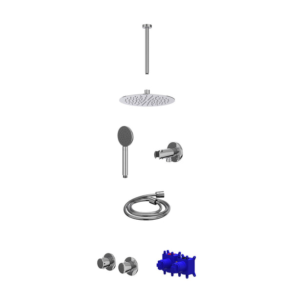 Regendoucheset inbouwthermostaatkraan met 2-weg stop-omstel symmetry, 30cm plafondbuis, R25cmSL, houder met uitlaat, doucheslang 150cm en satin spray handdouche