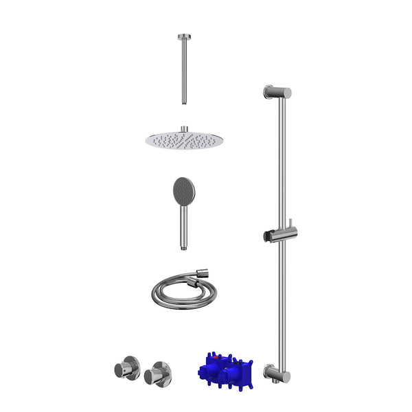 Regendoucheset inbouwthermostaatkraan met 2-weg stop-omstel symmetry, 30cm plafondbuis, R25cmSL, glijstang met uitlaat, doucheslang 150cm en satin spray handdouche