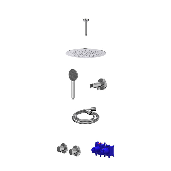 Regendoucheset inbouwthermostaatkraan met 2-weg stop-omstel symmetry, 15cm plafondbuis, R30cmSL, houder met uitlaat, doucheslang 150cm en satin spray handdouche