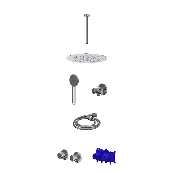 Regendoucheset inbouwthermostaatkraan met 2-weg stop-omstel symmetry, 30cm plafondbuis, R30cmSL, verstelbare steun met geïnt. uitlaat, doucheslang 150cm en satin spray handdouche