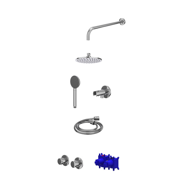 Regendoucheset inbouwthermostaatkraan met 2-weg stop-omstel symmetry, 40cm wandarm, R20cmME, houder met uitlaat, doucheslang 150cm en satin spray handdouche