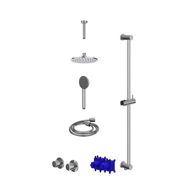 Regendoucheset inbouwthermostaatkraan met 2-weg stop-omstel symmetry, 15cm plafondbuis, R20cmME, glijstang met uitlaat, doucheslang 150cm en satin spray handdouche