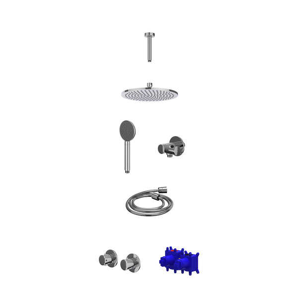 Regendoucheset inbouwthermostaatkraan met 2-weg stop-omstel symmetry, 15cm plafondbuis, R25cmME, verstelbare steun met geïnt. uitlaat, doucheslang 150cm en satin spray handdouche