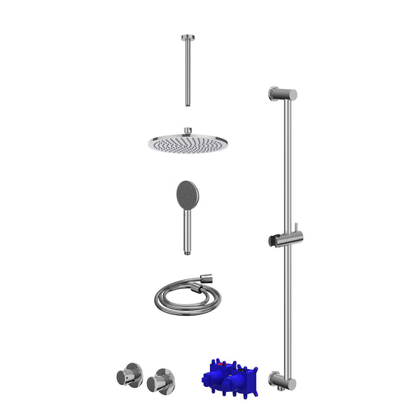 Regendoucheset inbouwthermostaatkraan met 2-weg stop-omstel symmetry, 30cm plafondbuis, R25cmME, glijstang met uitlaat, doucheslang 150cm en satin spray handdouche