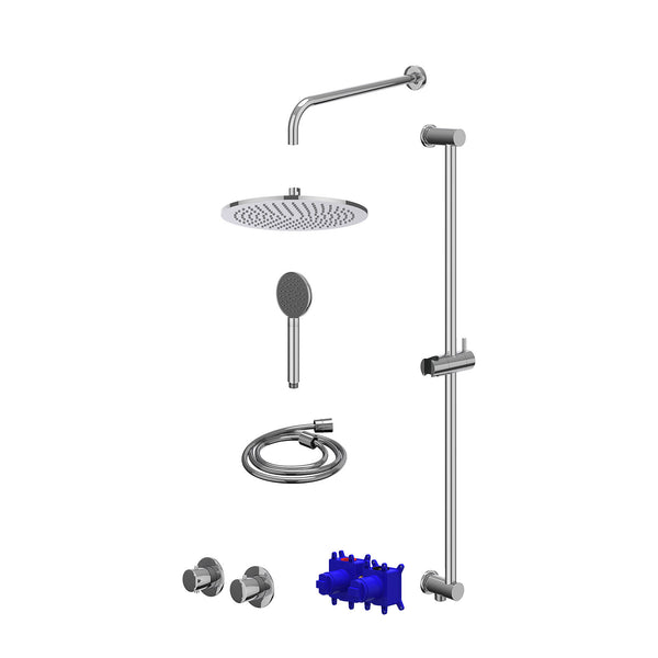 Regendoucheset inbouwthermostaatkraan met 2-weg stop-omstel symmetry, 40cm wandarm, R30cmME, glijstang met uitlaat, doucheslang 150cm en satin spray handdouche