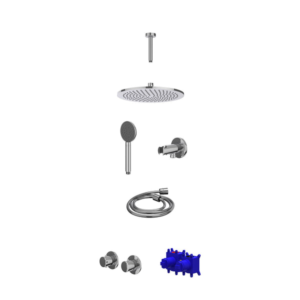 Regendoucheset inbouwthermostaatkraan met 2-weg stop-omstel symmetry, 15cm plafondbuis, R30cmME, houder met uitlaat, doucheslang 150cm en satin spray handdouche