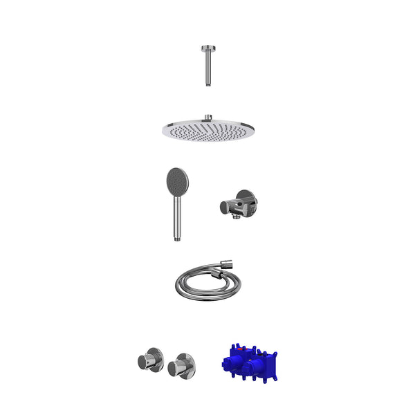 Regendoucheset inbouwthermostaatkraan met 2-weg stop-omstel symmetry, 15cm plafondbuis, R30cmME, verstelbare steun met geïnt. uitlaat, doucheslang 150cm en satin spray handdouche