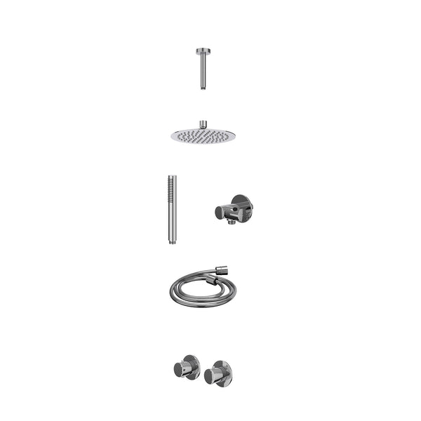 Excl. inbouwbox regendoucheset inbouwthermostaatkraan met 2-weg stop-omstel symmetry, 15cm plafondbuis, R20cmSL, verstelbare steun met geïnt. uitlaat, doucheslang 150cm en staafmodel