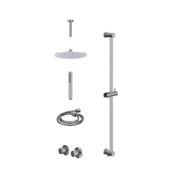 Excl. inbouwbox regendoucheset inbouwthermostaatkraan met 2-weg stop-omstel symmetry, 15cm plafondbuis, R25cmSL, glijstang met uitlaat, doucheslang 150cm en staafmodel