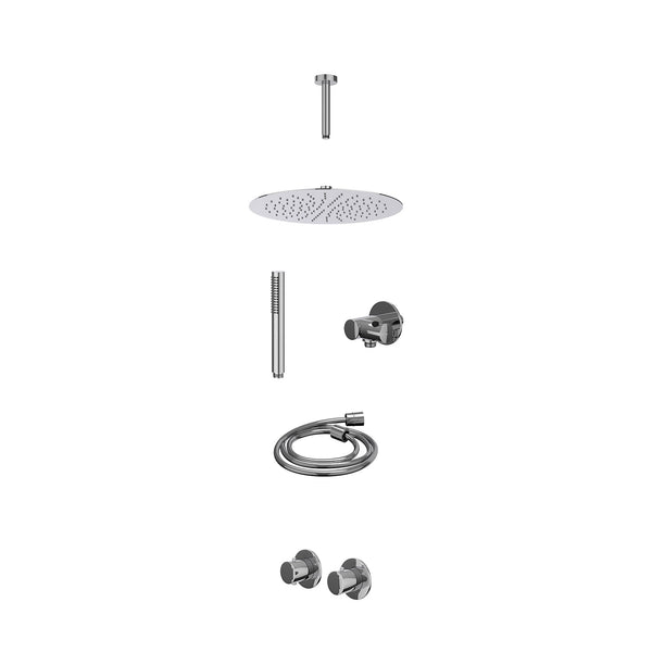 Excl. inbouwbox regendoucheset inbouwthermostaatkraan met 2-weg stop-omstel symmetry, 15cm plafondbuis, R30cmSL, verstelbare steun met geïnt. uitlaat, doucheslang 150cm en staafmodel
