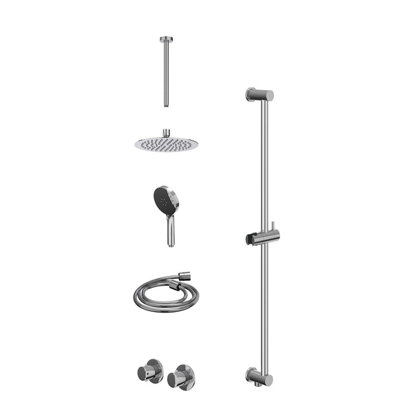 Excl. inbouwbox regendoucheset inbouwthermostaatkraan met 2-weg stop-omstel symmetry, 30cm plafondbuis, R20cmSL, glijstang met uitlaat, doucheslang 150cm en 3-standen handdouche
