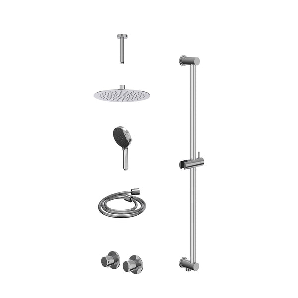 Excl. inbouwbox regendoucheset inbouwthermostaatkraan met 2-weg stop-omstel symmetry, 15cm plafondbuis, R25cmSL, glijstang met uitlaat, doucheslang 150cm en 3-standen handdouche