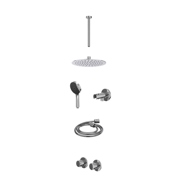 Excl. inbouwbox regendoucheset inbouwthermostaatkraan met 2-weg stop-omstel symmetry, 30cm plafondbuis, R25cmSL, houder met uitlaat, doucheslang 150cm en 3-standen handdouche
