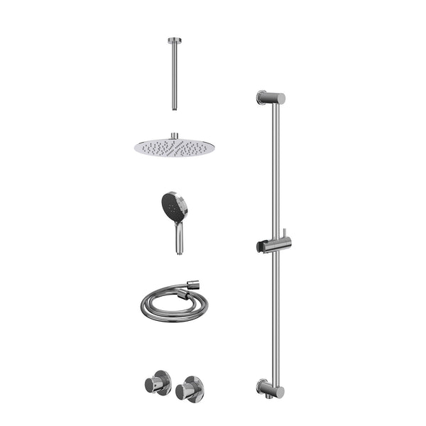 Excl. inbouwbox regendoucheset inbouwthermostaatkraan met 2-weg stop-omstel symmetry, 30cm plafondbuis, R25cmSL, glijstang met uitlaat, doucheslang 150cm en 3-standen handdouche