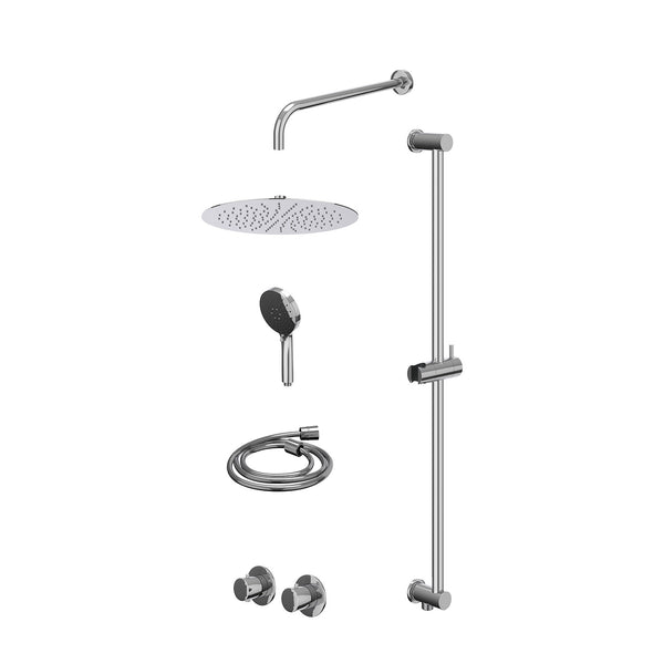Excl. inbouwbox regendoucheset inbouwthermostaatkraan met 2-weg stop-omstel symmetry, 40cm wandarm, R30cmSL, glijstang met uitlaat, doucheslang 150cm en 3-standen handdouche