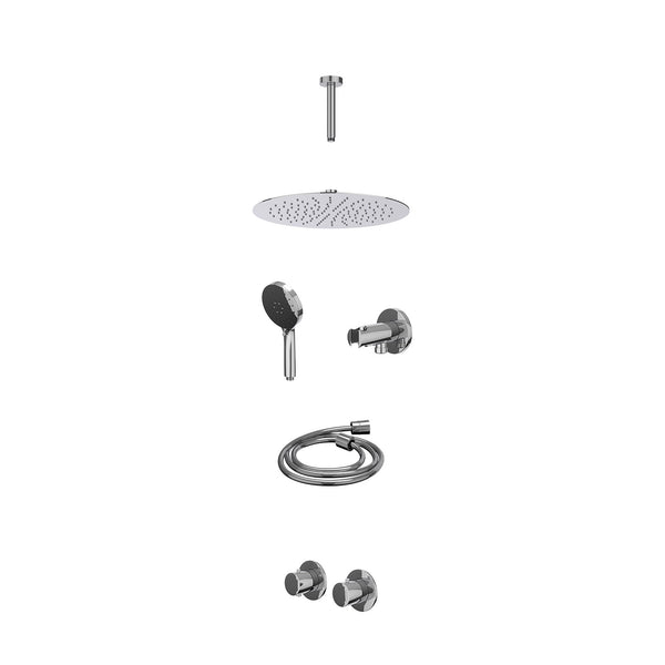 Excl. inbouwbox regendoucheset inbouwthermostaatkraan met 2-weg stop-omstel symmetry, 15cm plafondbuis, R30cmSL, houder met uitlaat, doucheslang 150cm en 3-standen handdouche