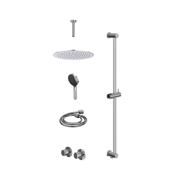 Excl. inbouwbox regendoucheset inbouwthermostaatkraan met 2-weg stop-omstel symmetry, 15cm plafondbuis, R30cmSL, glijstang met uitlaat, doucheslang 150cm en 3-standen handdouche