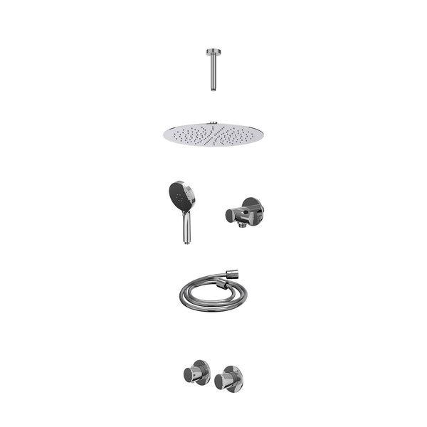Excl. inbouwbox regendoucheset inbouwthermostaatkraan met 2-weg stop-omstel symmetry, 15cm plafondbuis, R30cmSL, verstelbare steun met geïnt. uitlaat, doucheslang 150cm en 3-standen handdouche