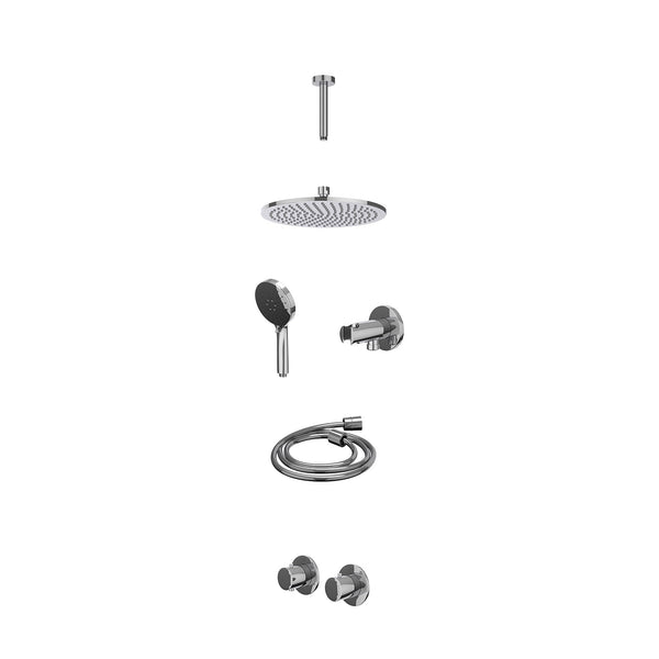 Excl. inbouwbox regendoucheset inbouwthermostaatkraan met 2-weg stop-omstel symmetry, 15cm plafondbuis, R25cmME, houder met uitlaat, doucheslang 150cm en 3-standen handdouche