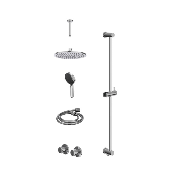 Excl. inbouwbox regendoucheset inbouwthermostaatkraan met 2-weg stop-omstel symmetry, 15cm plafondbuis, R25cmME, glijstang met uitlaat, doucheslang 150cm en 3-standen handdouche