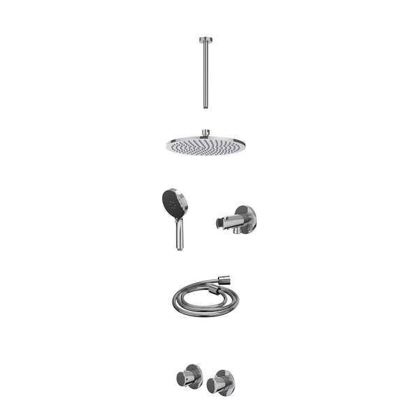 Excl. inbouwbox regendoucheset inbouwthermostaatkraan met 2-weg stop-omstel symmetry, 30cm plafondbuis, R25cmME, houder met uitlaat, doucheslang 150cm en 3-standen handdouche